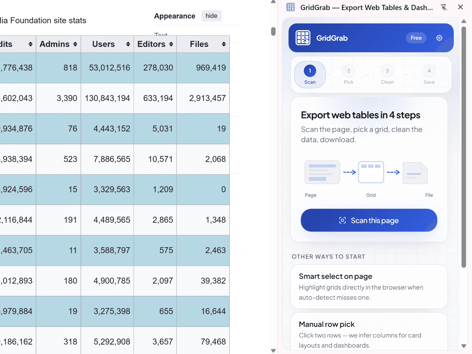 GridGrab side panel on a data table page — scan step