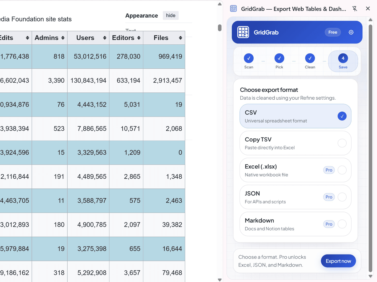 GridGrab — choose export format